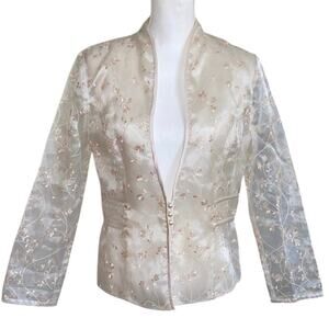 Vintage Women's Sheer Organza Long Sleeve Blazer Buttons Floral Embroidery Beige